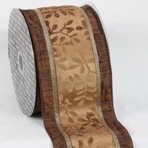 BrownTaffeta Wired Edged Velvet Leaves Ribbon