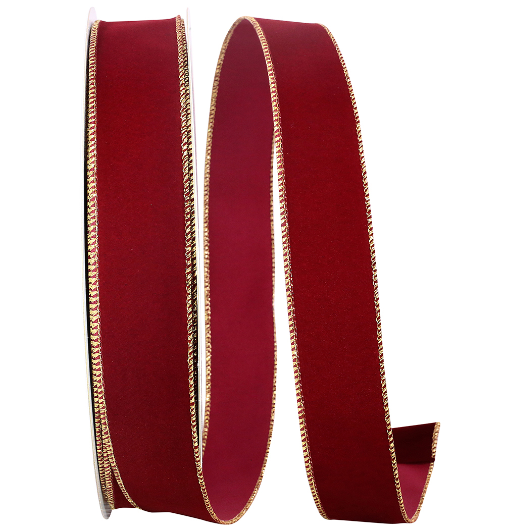 Burgundy Velvet Ribbon,1 1/2 Inch, Gold, Wire Edge - Karaboo Ribbons